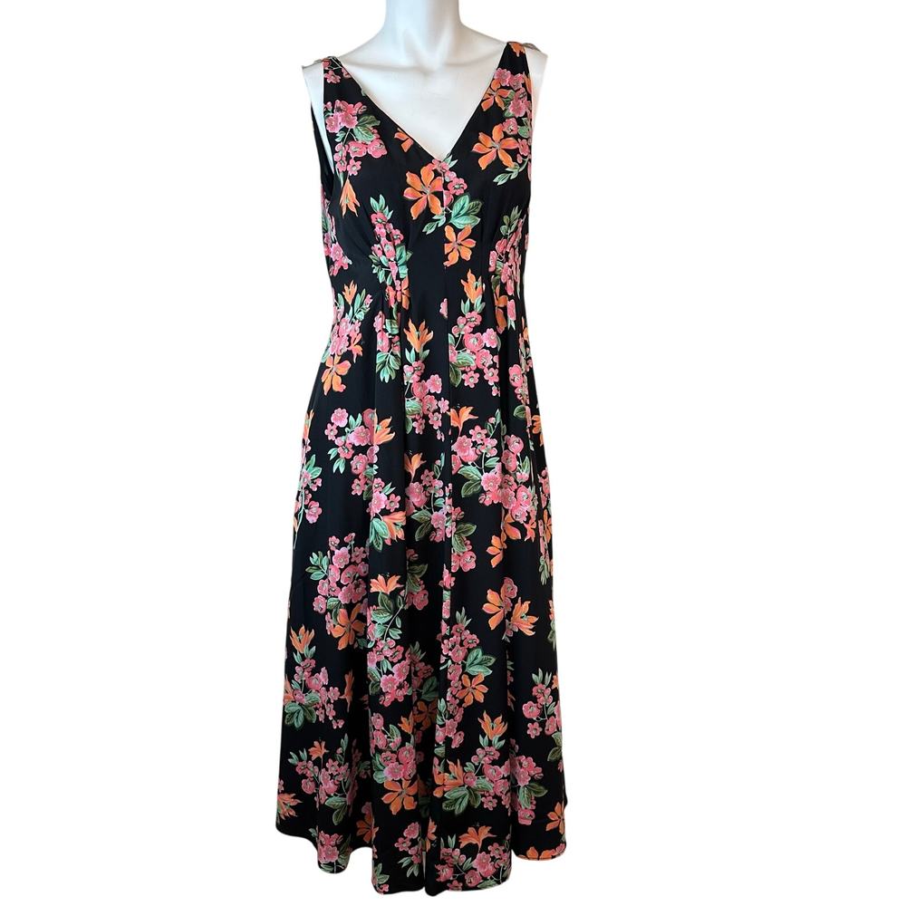 Ann Taylor Capri Garden V-Neck Maxi Dress Black Pink Floral sz 4 EUC